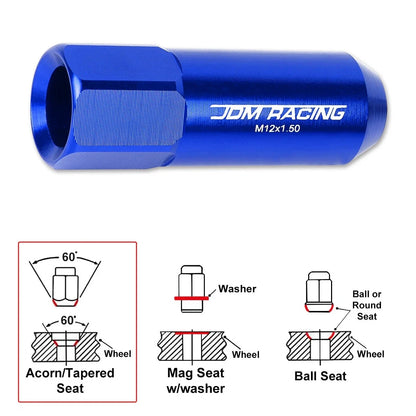 Set of 20 M12X1.5 Blue JDM Open End Aluminum Hex Lug Nuts + Spline Locks + Key