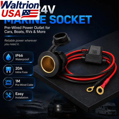 3FT Waterproof 12V 12AWG Cigarette Lighter Socket Extension Cable for Car RV Marine