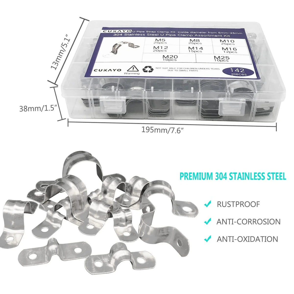 142 Pcs Pipe Strap Clamp Assortment Kit, 304 Stainless Steel