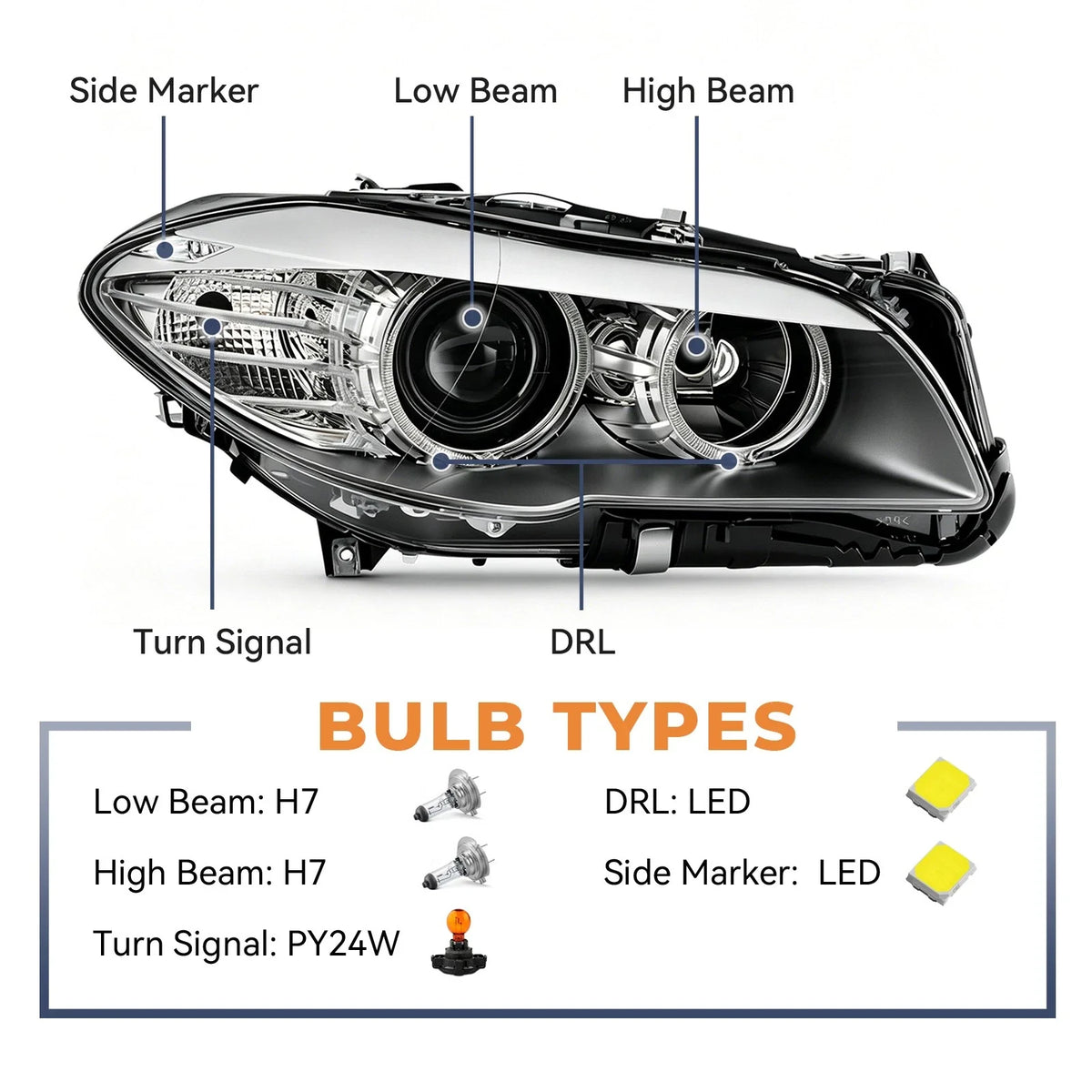 Halogen Headlight for BMW 5 Series F10 (2011–2013) Right Side, w/o AFS