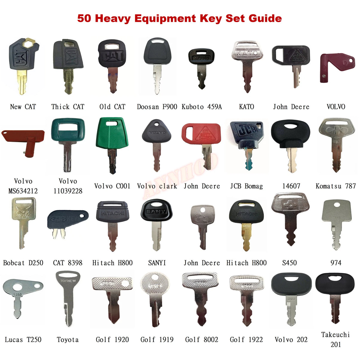 50 Heavy Equipment Key Set for Komatsu JD JCB Kubota Bobcat Yanmar Volvo