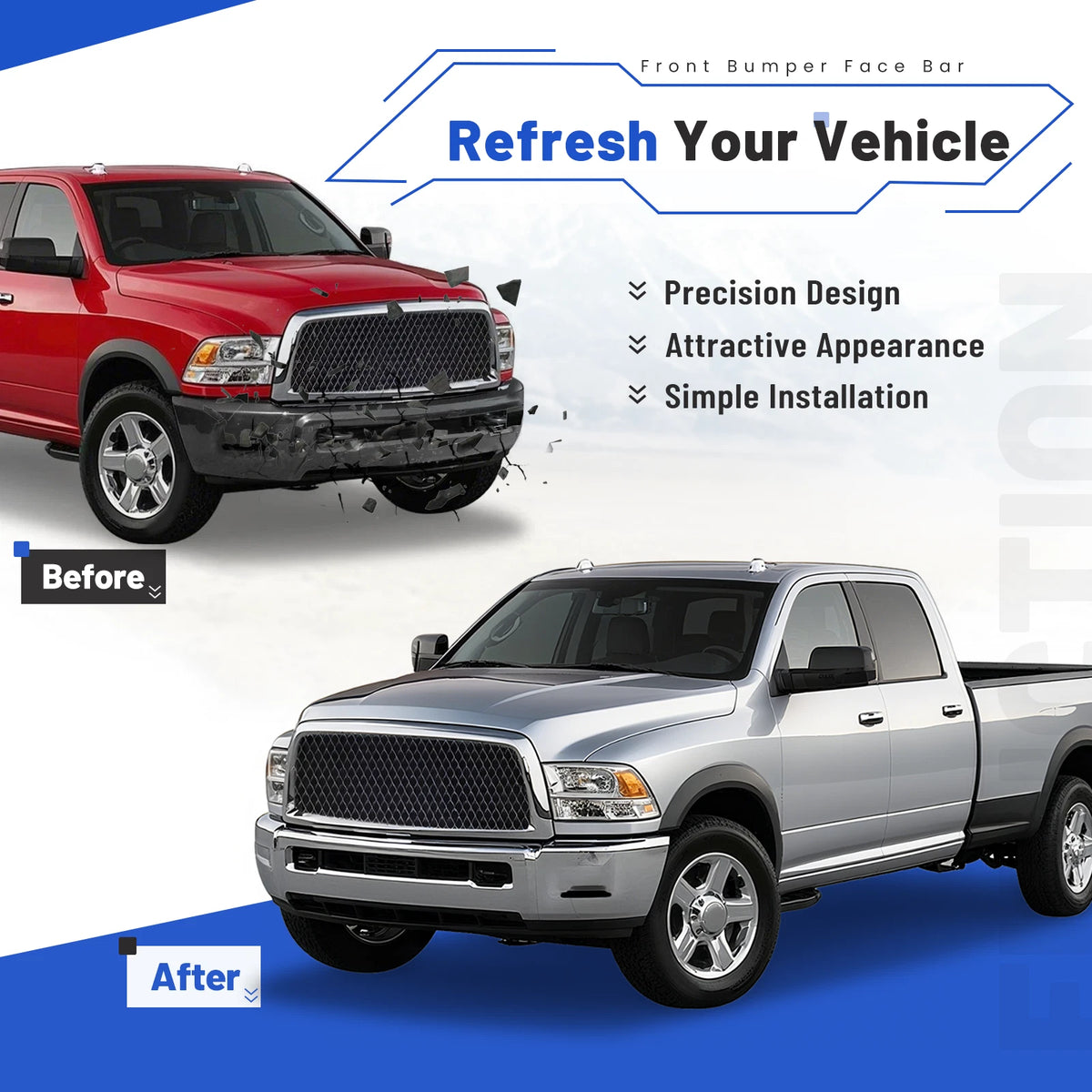 Chrome Front Bumper Face Bar for Dodge Ram 2500 3500 (2010–2018) - 68045698AB, Replace for 68045699AA, 68045699AB