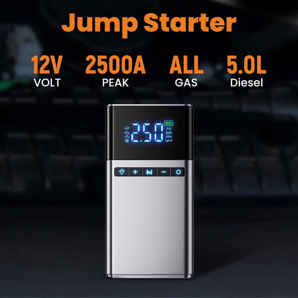 2500A Car Jump Starter with Digital Tire Inflator for 12V Vehicles