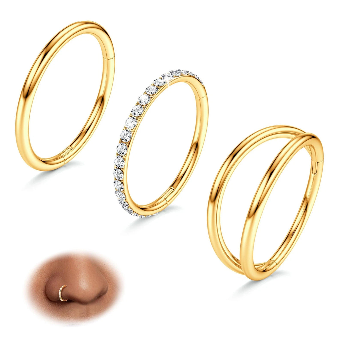 3pcs Double Hoop Nose Rings for Piercing (14g, 16g, 18g, 20g)