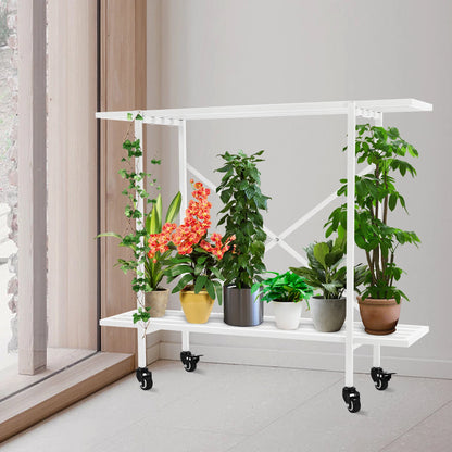 2-Tier Iron Plant Display Stand with Wheels for Indoor Outdoor Use