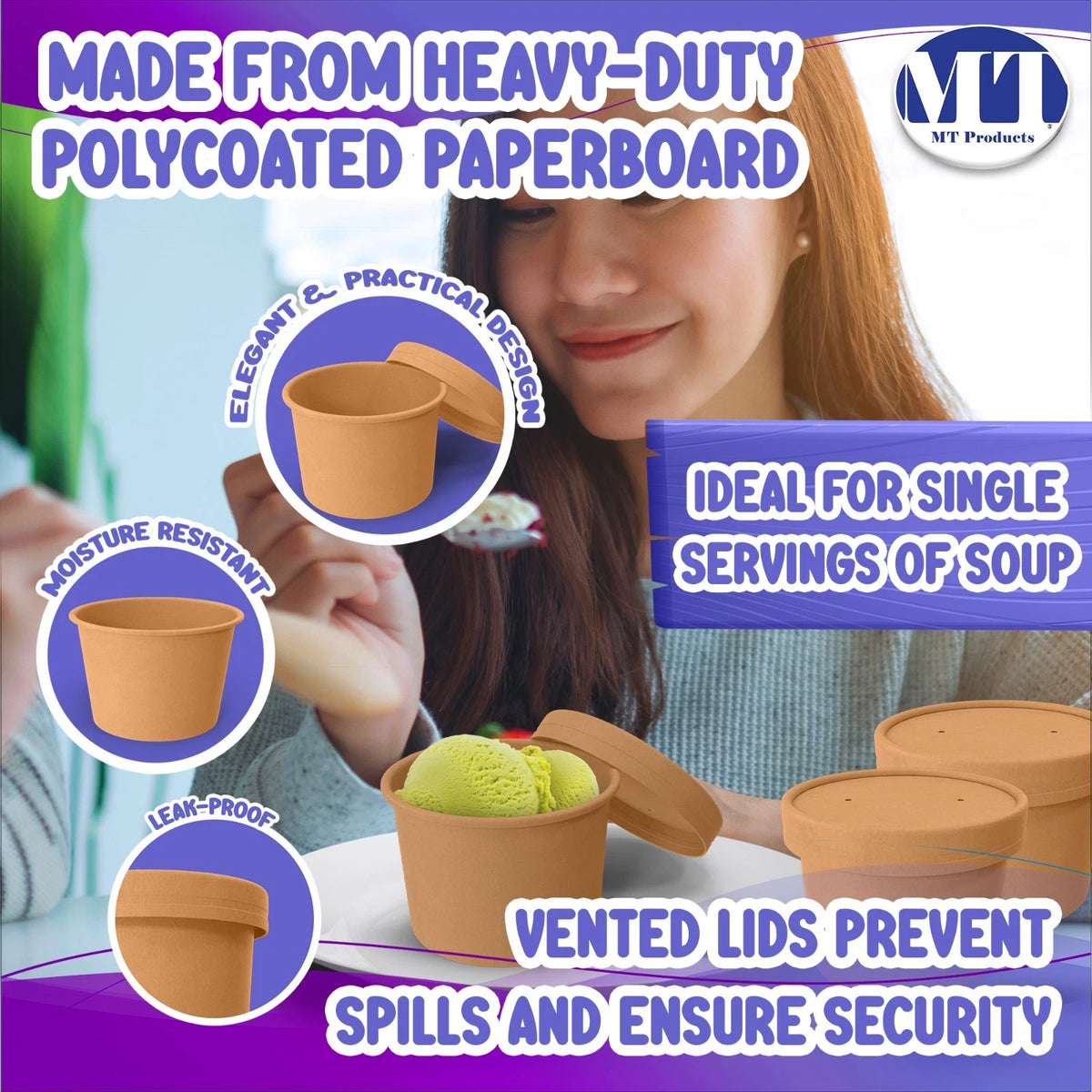 Set of 250 Disposable Brown Paper Soup Cups with Lids 8 oz