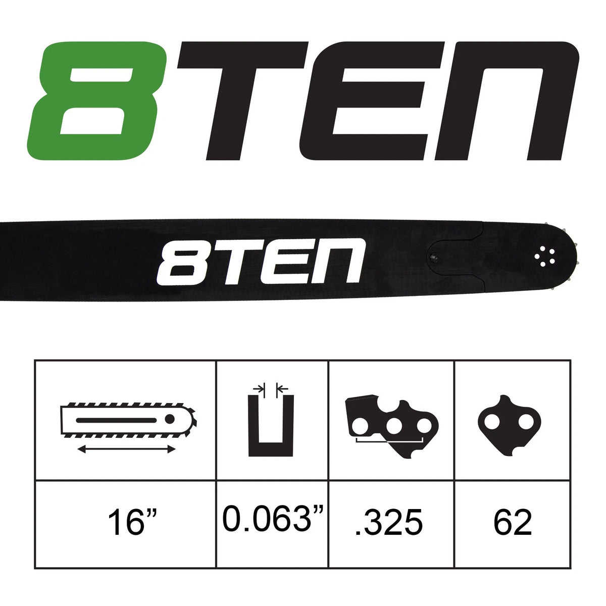 8TEN 16" Chainsaw Guide Bar & Chain for Stihl 017 (3005 4713, 16-26-K362-SP, 16-26-K362-TC10)