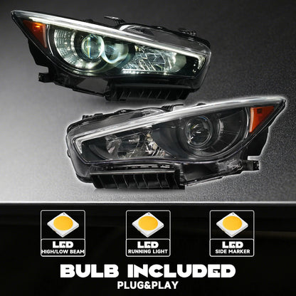 Set of 2 Chrome LED Headlights for Infiniti Q50 (2014–2022) w/o AFS