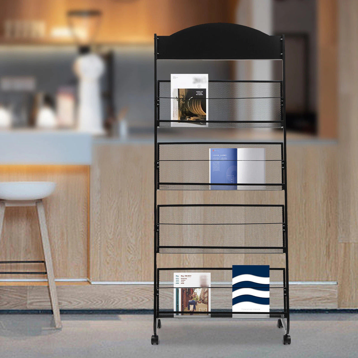 4-Tier Metal Wheeled Magazine Rack for Storage Display Stand
