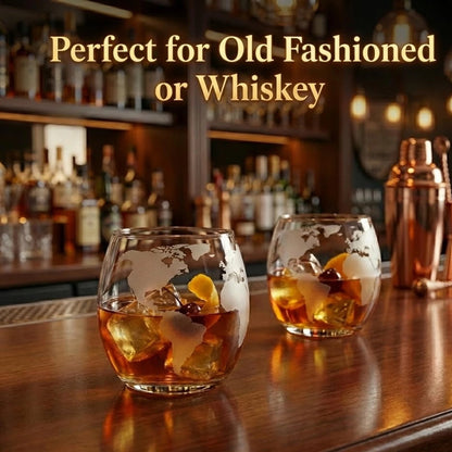 Set of 2 Globe Glass Whiskey Tumblers for Home Bar (No Part Numbers)