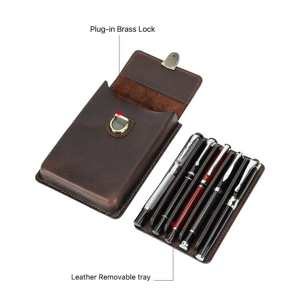 Leather 5 Slots Luxury Genuine Fountain Pen Case Organizer