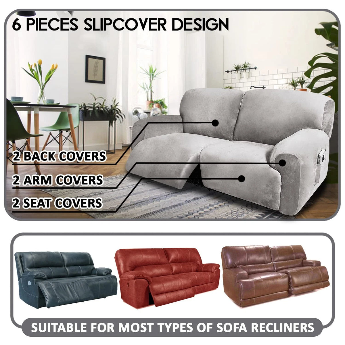 Reclining 2 Seater Sofa Extra Wide 75" - 100" Light Grey
