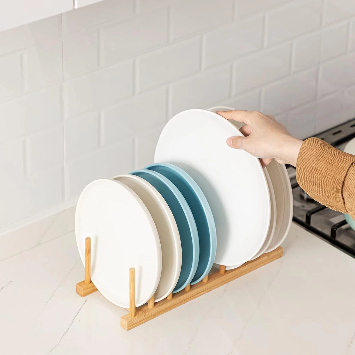 2X Bamboo Dish Plate Bowl Cup Book Pot Lid Cutting Board Drying Rack Stand