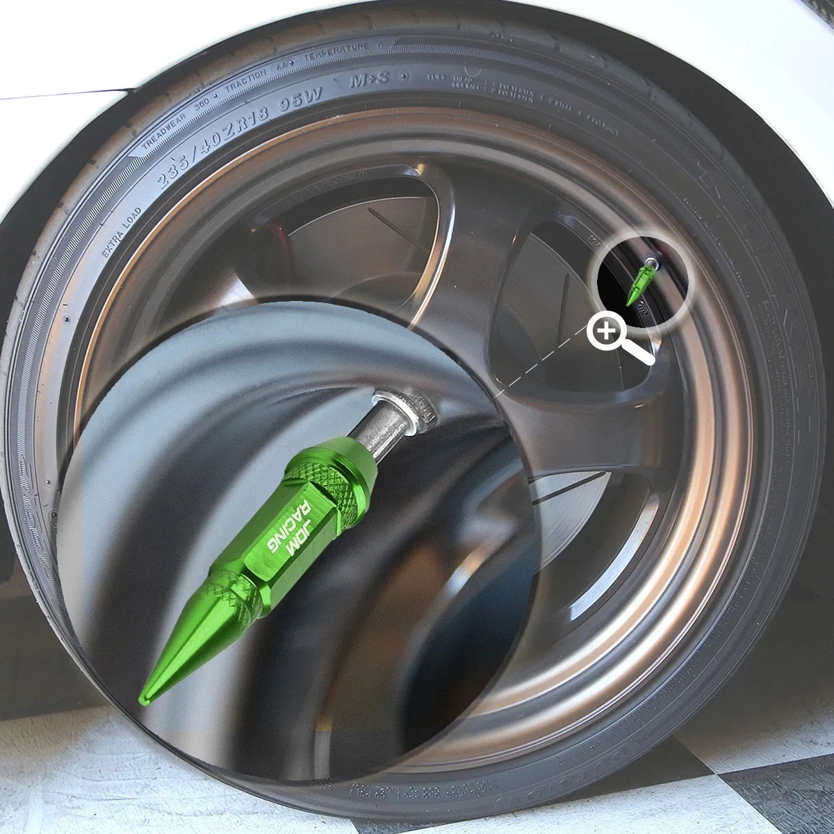 Set of 4 Green Aluminum Spiked Tire Valve Stem Caps for Universal Fit