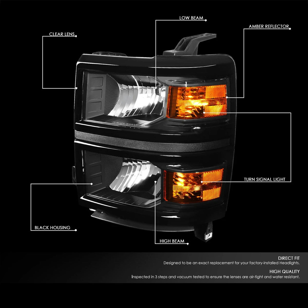 Pair of Black/Amber Signal Headlight Lamps for Chevy Silverado (2014–2015)