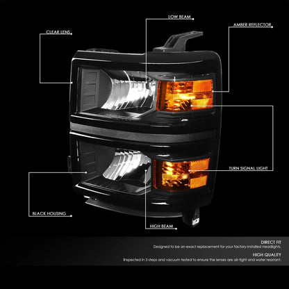 Pair of Black/Amber Signal Headlight Lamps for Chevy Silverado (2014–2015)