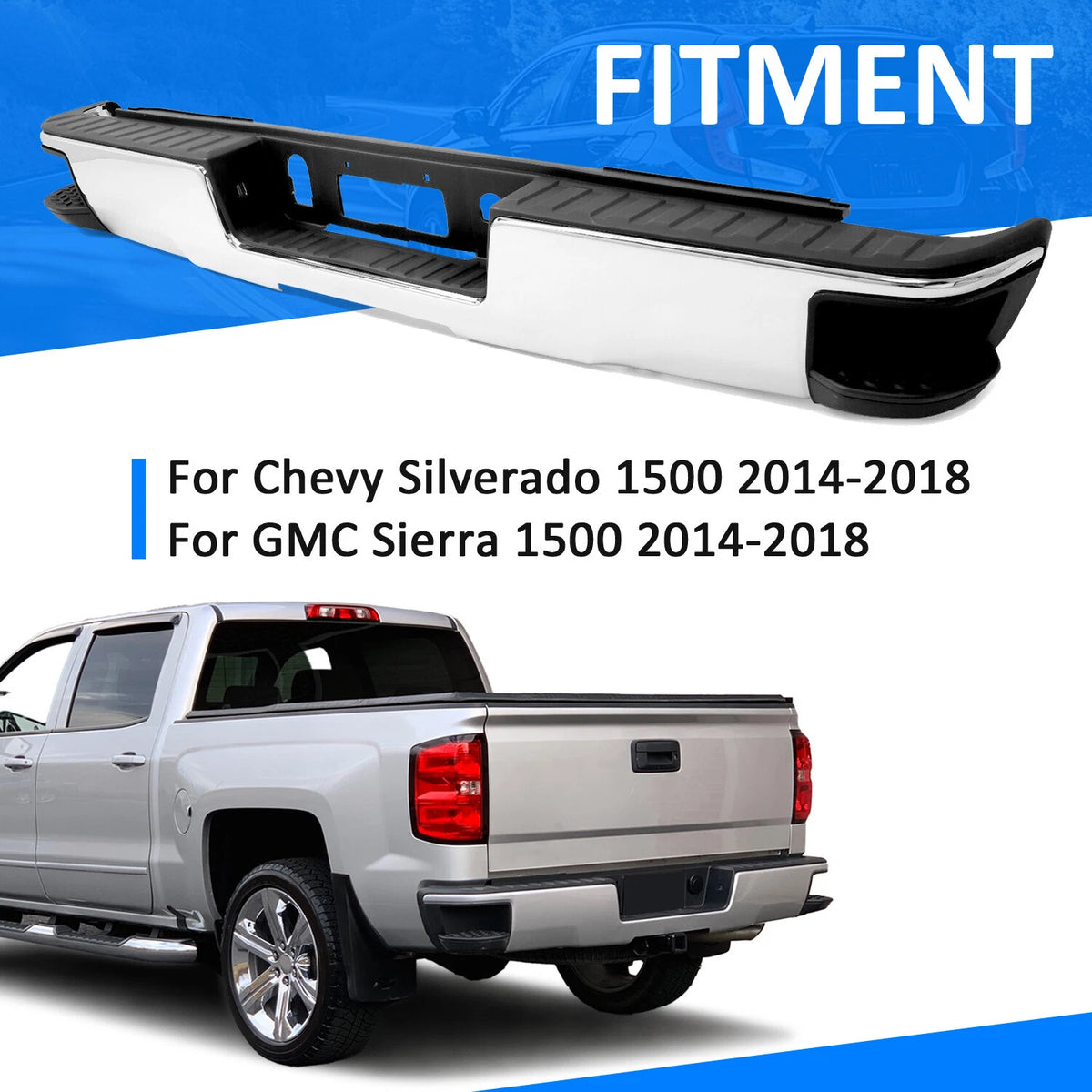 Chrome Rear Bumper for Chevy Silverado GMC Sierra 1500 (2014–2018) - CON-A000000232, GM1103175, GM1103179