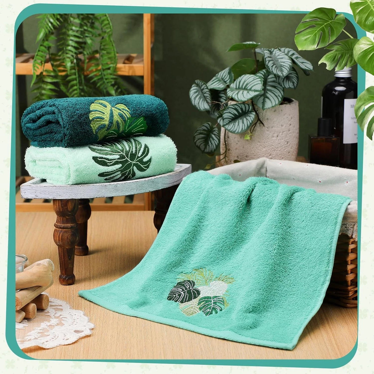 3 Pack Tropical Palm Leaves Hand Towels for Bathroom (100% Cotton)