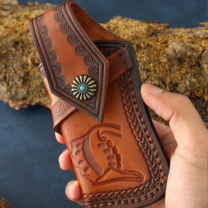 4Pcs Handmade Carved Cow Leather Sheath for Folding Knife Cover Pouch