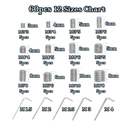 60pcs Stainless Steel Grub Screws for Electronics & Furniture