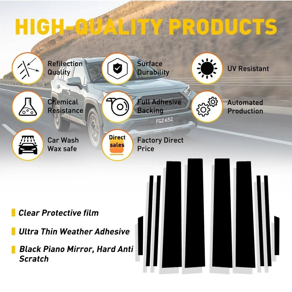 10pc Gloss Black Pillar Posts Door Window Trim for Toyota RAV4 (2019–2021)