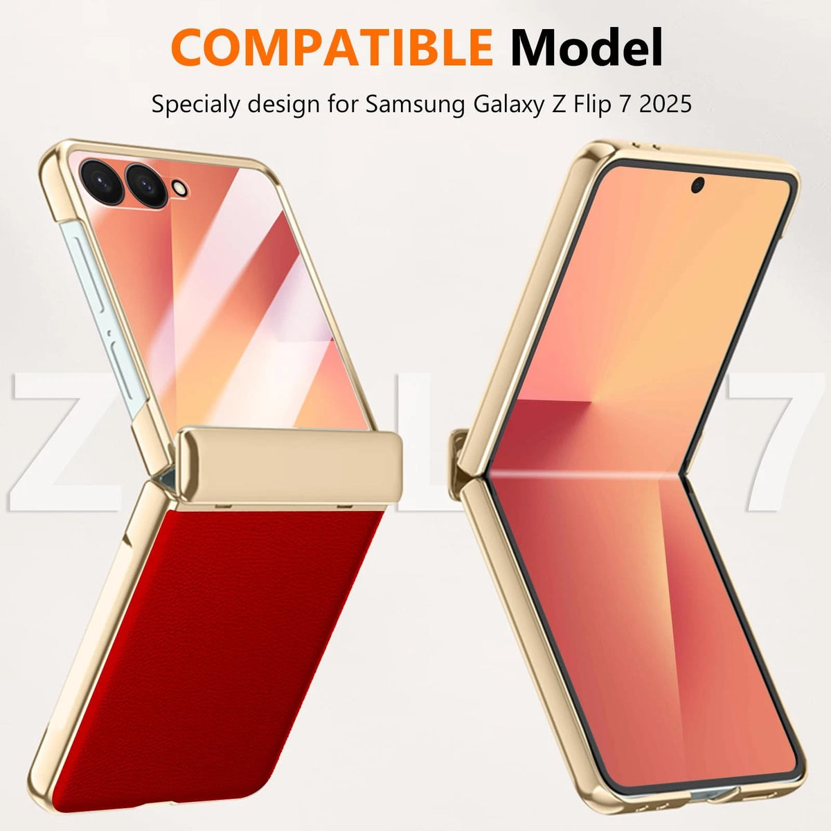 YQODSZ Leather Case for Samsung Galaxy Z Flip 7 (2025) - Gold/Red