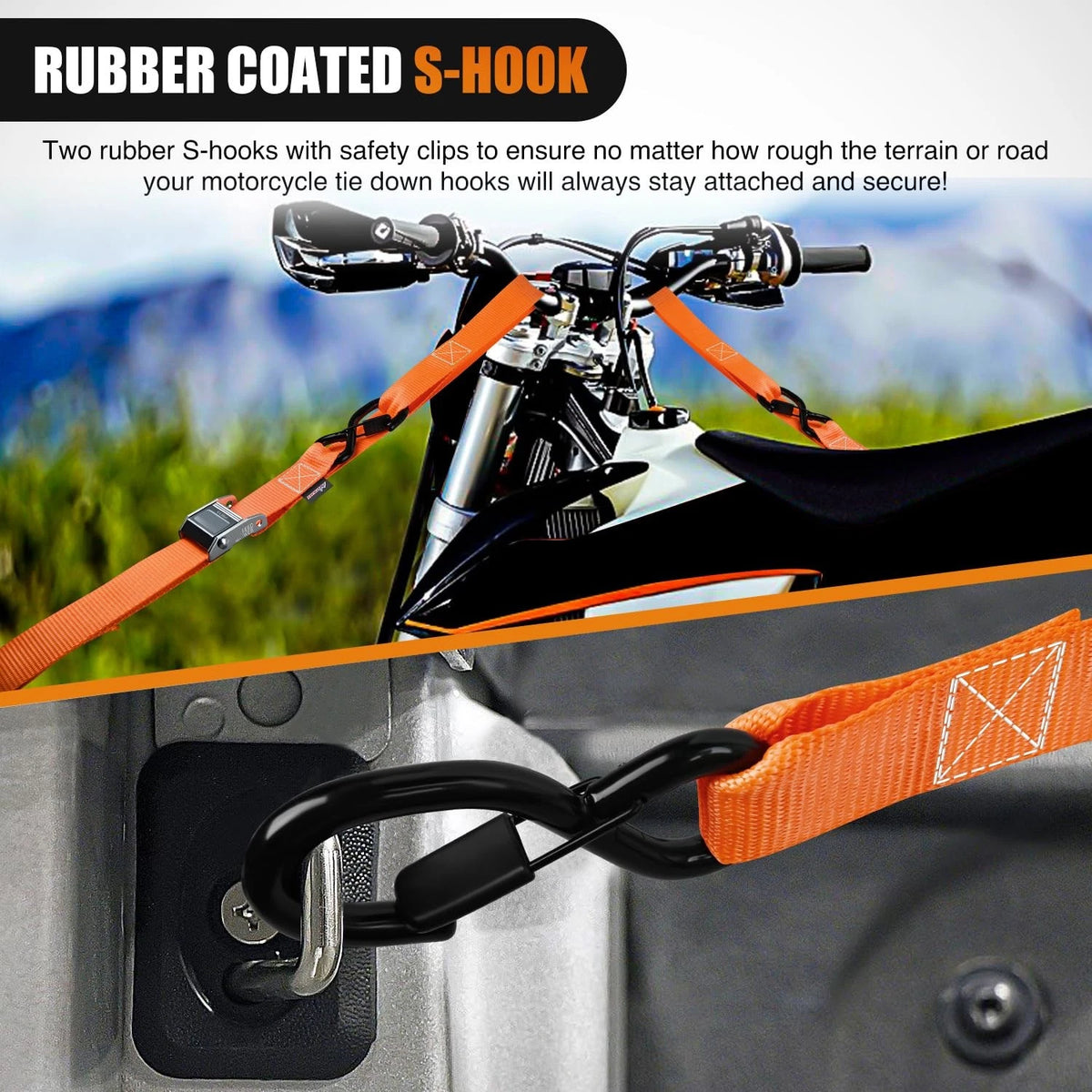 Set of 2 Tie Down Straps for Motorcycle (1.5”×8’, Heavy Duty)