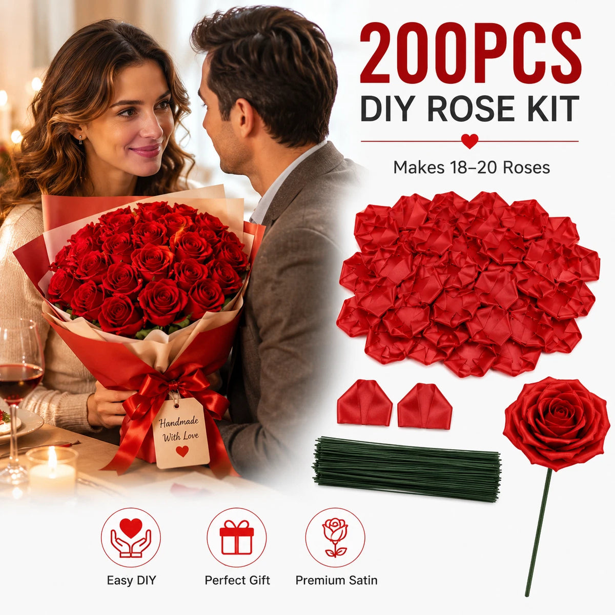 2X DIY Satin Rose Kit for Flower Making Craft (Makes 18-20 Roses)