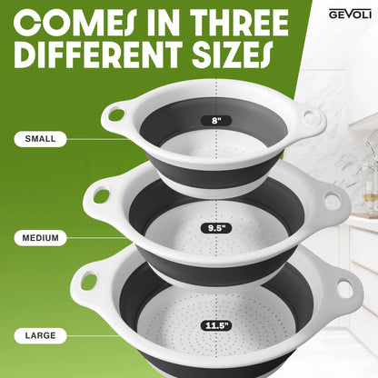 3X Collapsible Colanders for Food - Large, Medium, Small, White