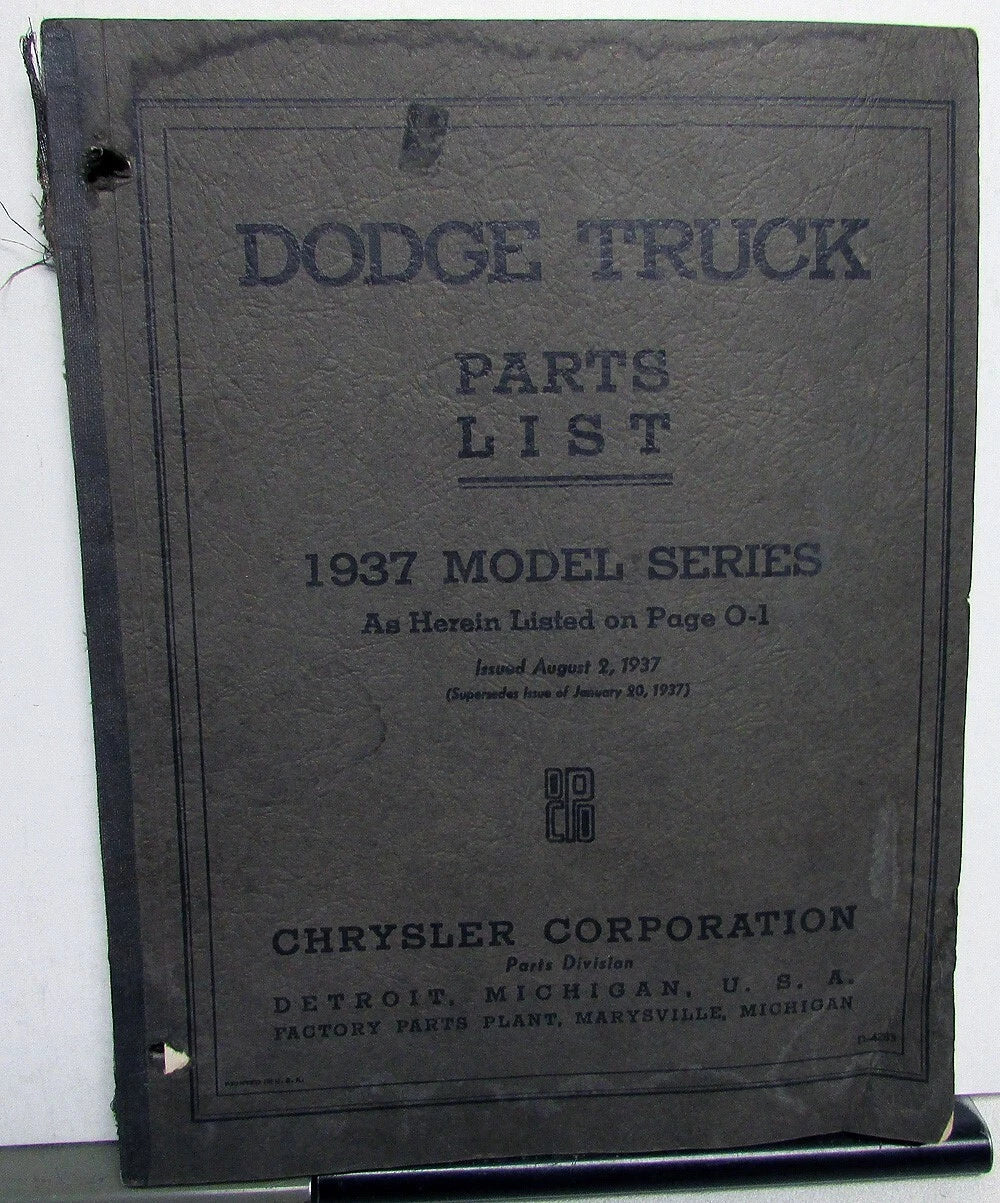 Parts List Book for 1937 Dodge Trucks M Series Pickup HD
