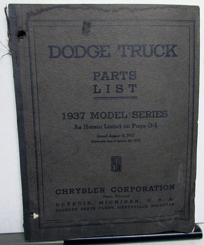 Parts List Book for 1937 Dodge Trucks M Series Pickup HD