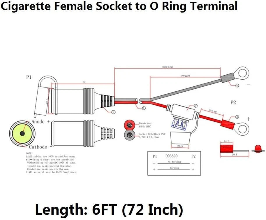 6FT 12V Cigarette Lighter Socket to Eyelet Extension Cable w/15A Fuse