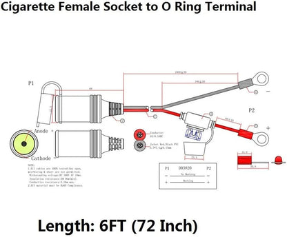 6FT 12V Cigarette Lighter Socket to Eyelet Extension Cable w/15A Fuse