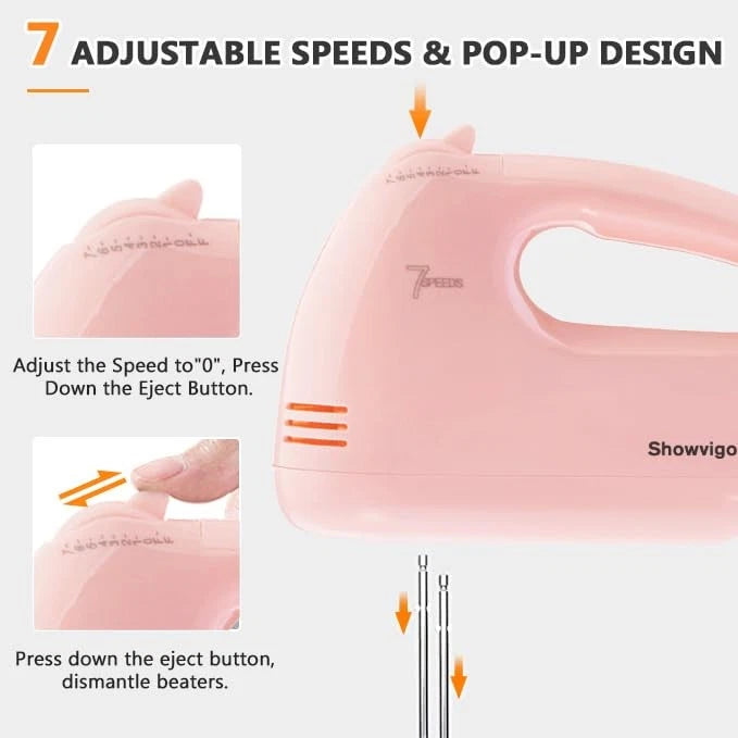 Electric Hand Mixer 7 Speed for Kitchen (Portable, Pink)