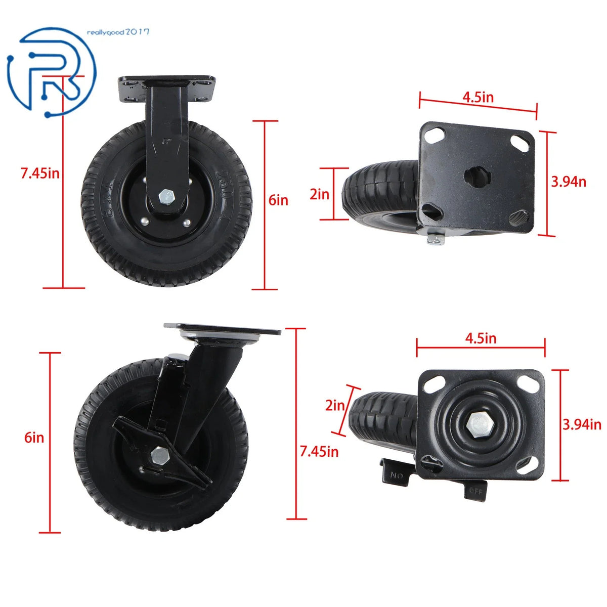 Set of 4 Heavy Duty 8 Inch Casters with Side Brakes