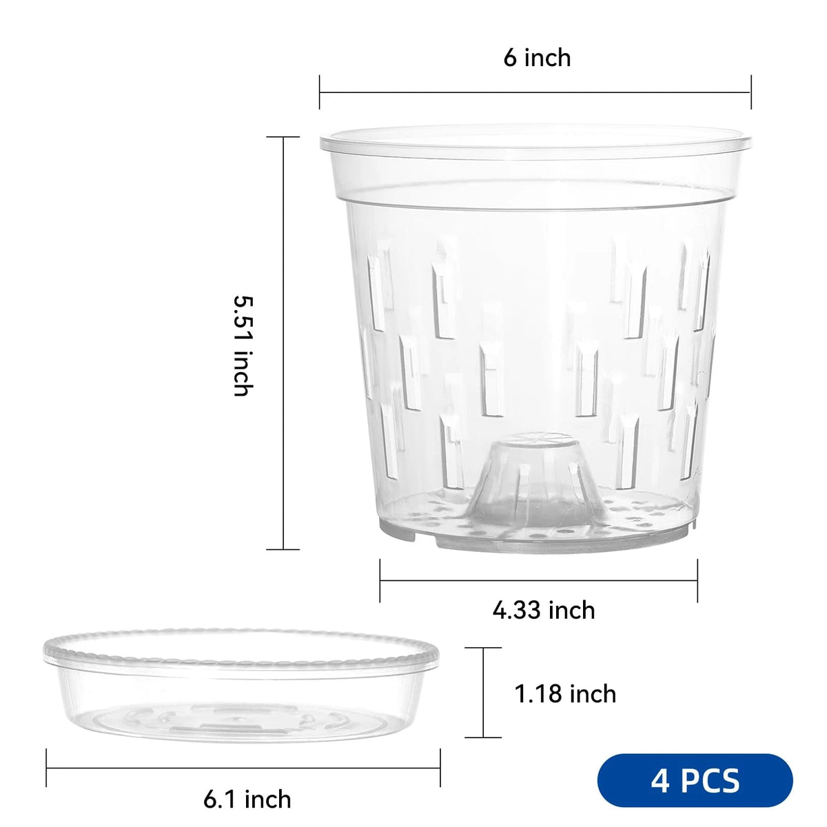 Set of 4 Clear Orchid Pots with Saucers 6 Inch Sturdy Plastic Indoor
