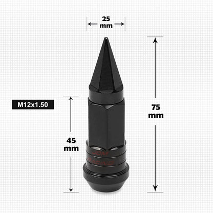 20Pc M12X1.5 Black JDM Cone Wheel Lug Nuts + Spline Lock + Spiked Cap