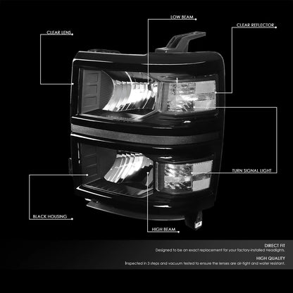 Set of 4 Black Headlight, Clear Corner Signal Lamp, LED Fog Light for Silverado (2014–2015)