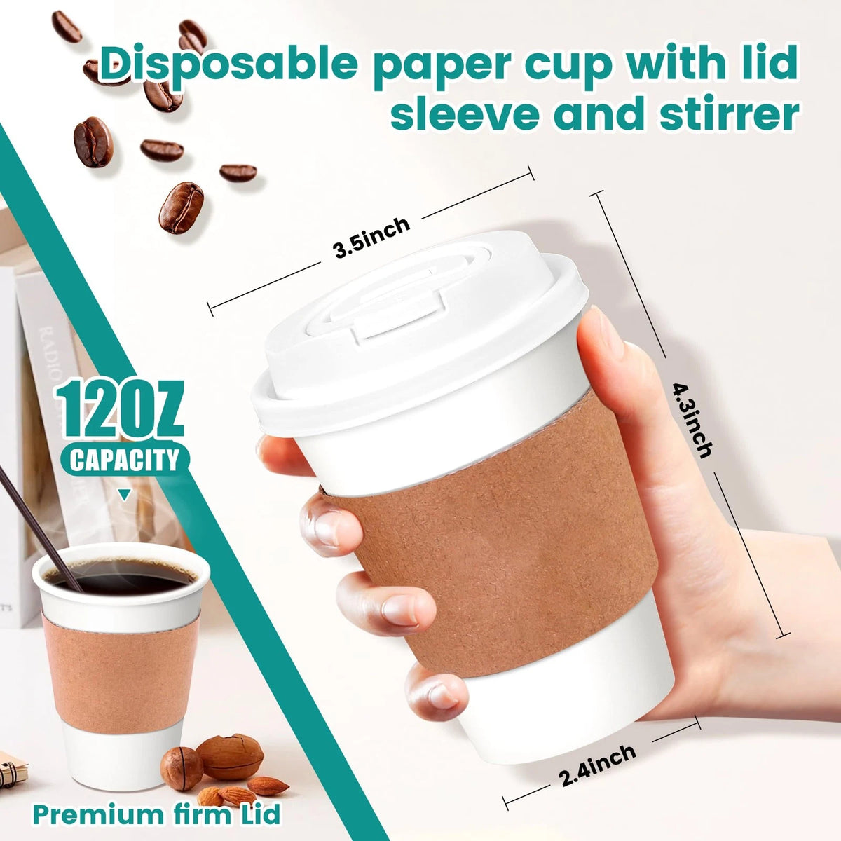 Set of 100 Disposable Coffee Cups 12 oz, 3.5 x 4.3 Inches