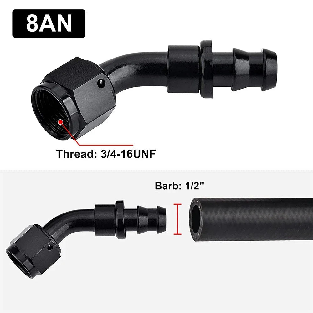 Push Lock Hose Fittings 8AN 45° End for Rubber Fuel Line (2-Piece)
