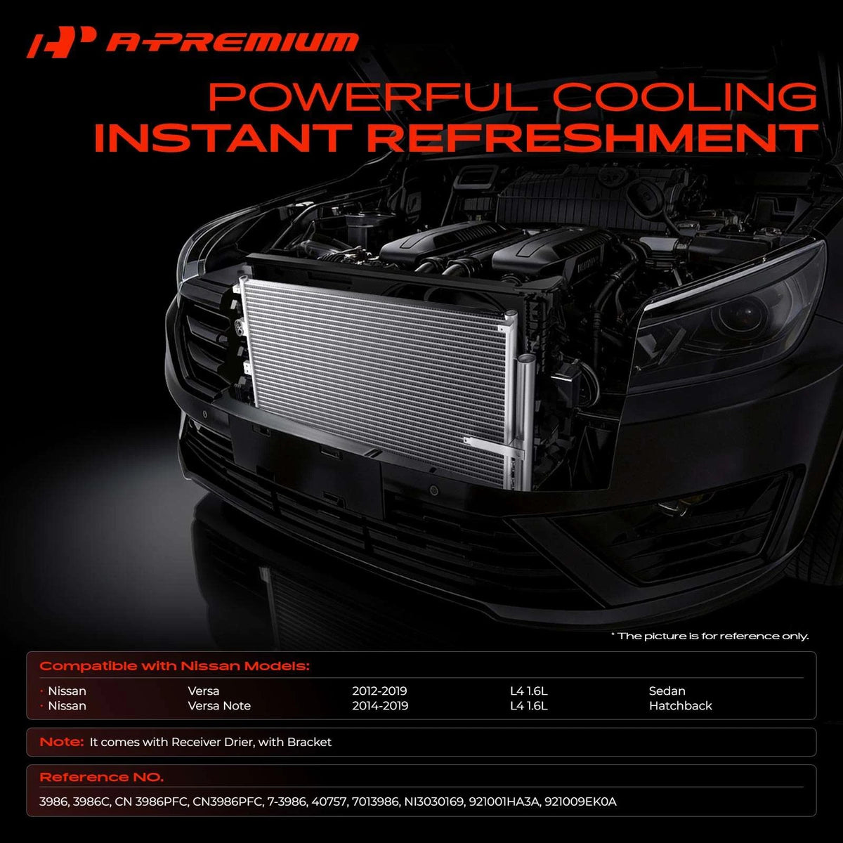A-Premium A/C Condenser with Receiver Drier for Nissan Versa Note (2014–2019) 921001HA3A, 921009EK0A, 3986