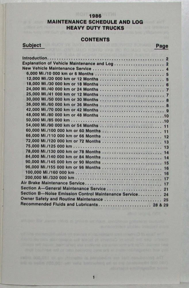 Maintenance Schedule Booklet for GMC Heavy Duty Truck (1986)