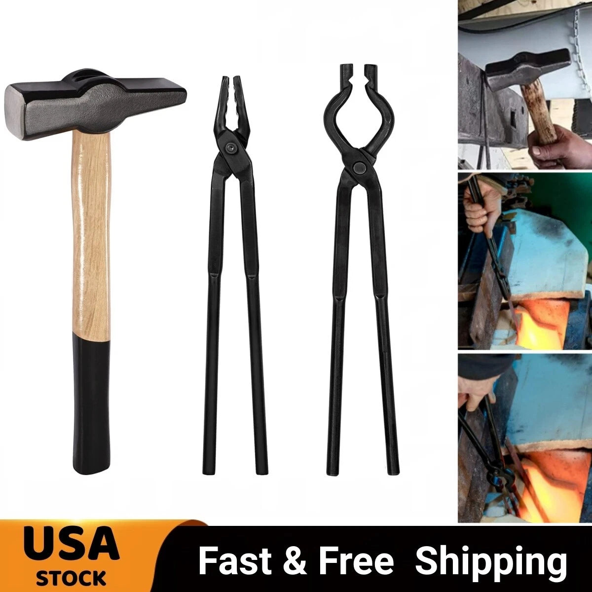 Wolf Jaw Tongs & V Bit Tongs & Hammer for Blacksmith