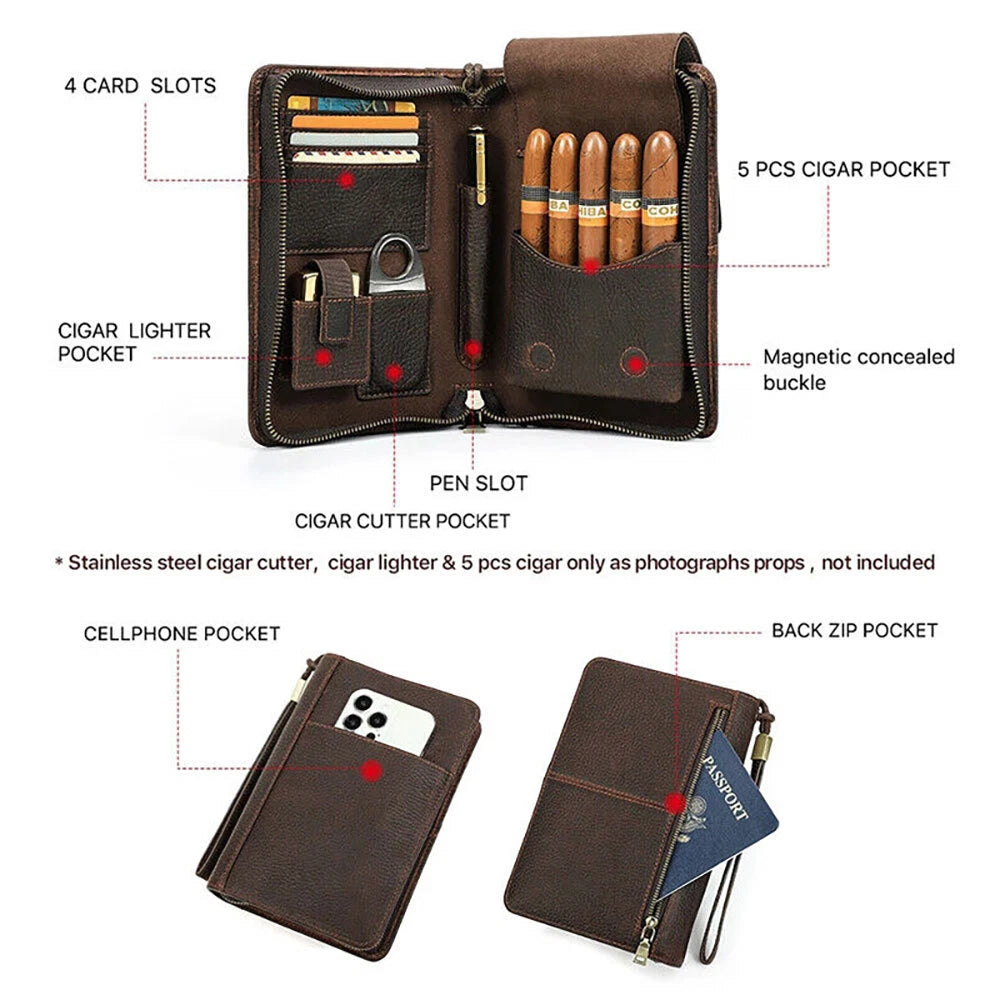 Genuine Leather Cigar Case Travel Humidor Set with Lighter and Cutter