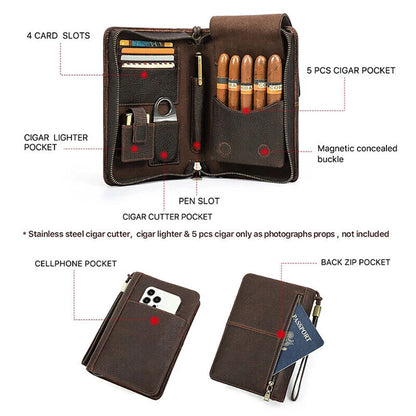 Genuine Leather Cigar Case Travel Humidor Set with Lighter and Cutter