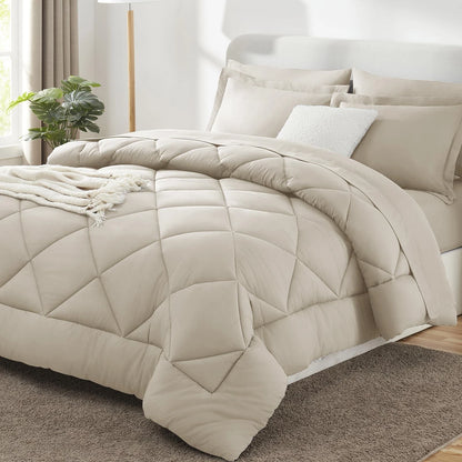 CozyLux Queen Comforter Set - Oatmeal (Bed in a Bag)