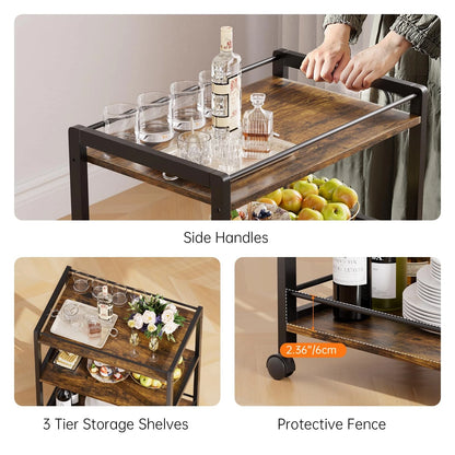 Bar Cart for Home with Wheels and Storage Shelves