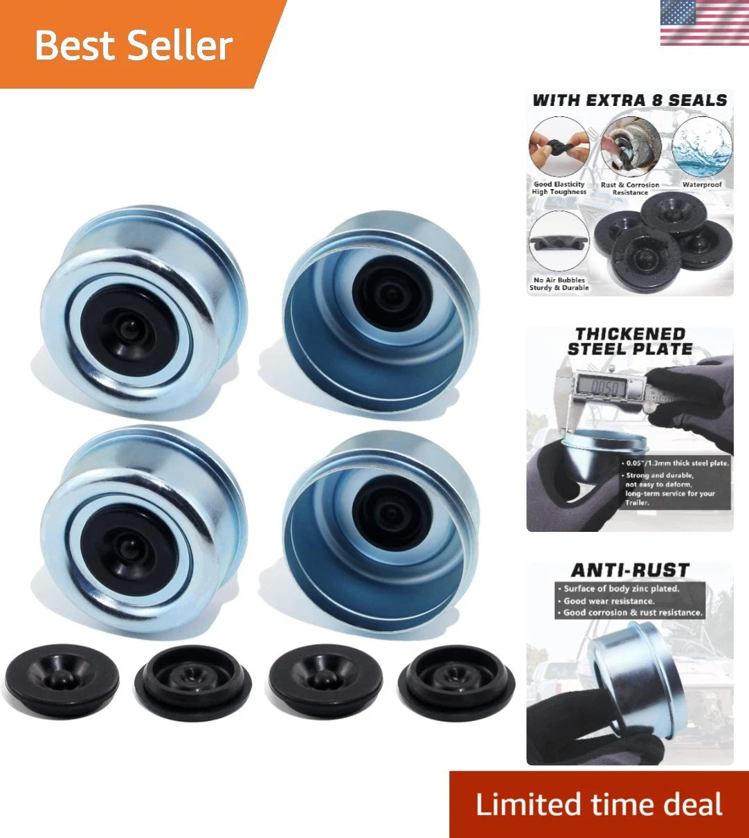 Set of 4 High-Performance 2.72" Trailer Hub Dust Caps with Rubber Plugs