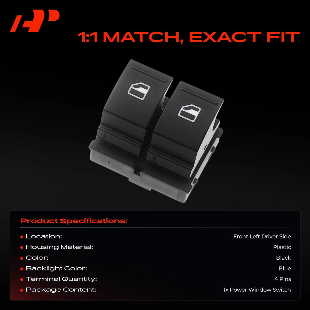 Left Power Window Switch for Volkswagen Golf Eos (2010–2011) 2K0959857A, 1K3959857, DWS480