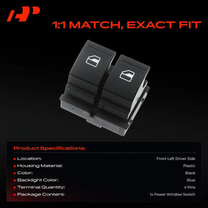 Left Power Window Switch for Volkswagen Golf Eos (2010–2011) 2K0959857A, 1K3959857, DWS480